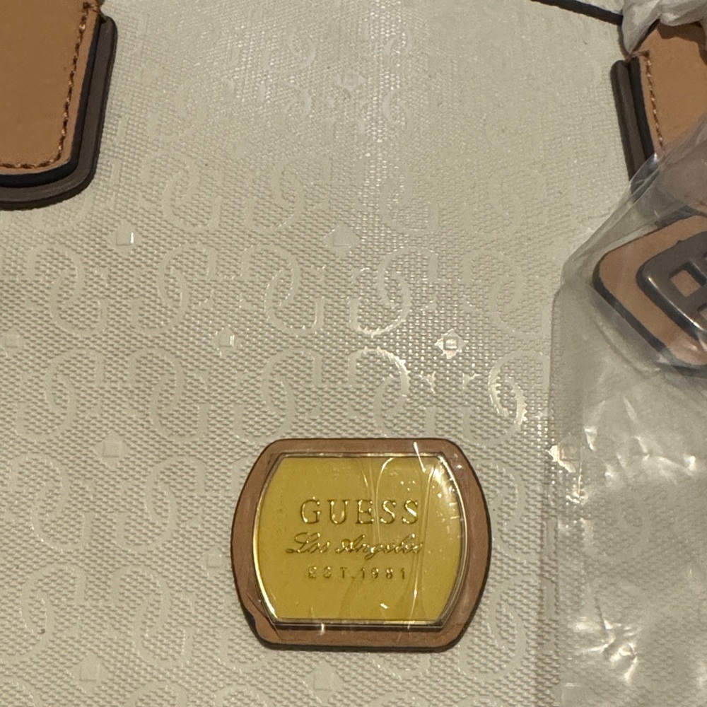 NWT GUESS White, Gray and Tan Tote Bag With Plastic Still On Hardware Plus Charm - Picture 3 of 14